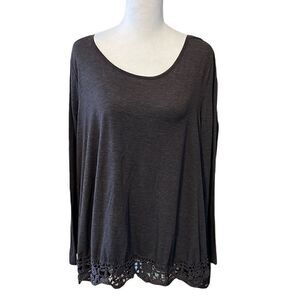 Cecico LS brown flowy T-shirt w/ crocheted trim super cute GUC